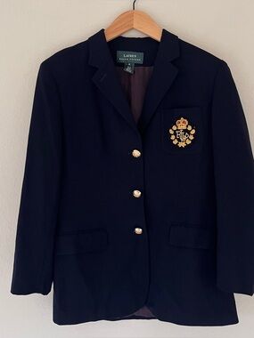 Vintage Ralph Lauren Womens Monogram Blazer 8 Pure Wool Crest Crown Navy USA